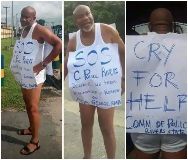 Viral Photos Lone man protests Half-N*ke against kidnapping, armed robbery in Port Harcourt (photos)